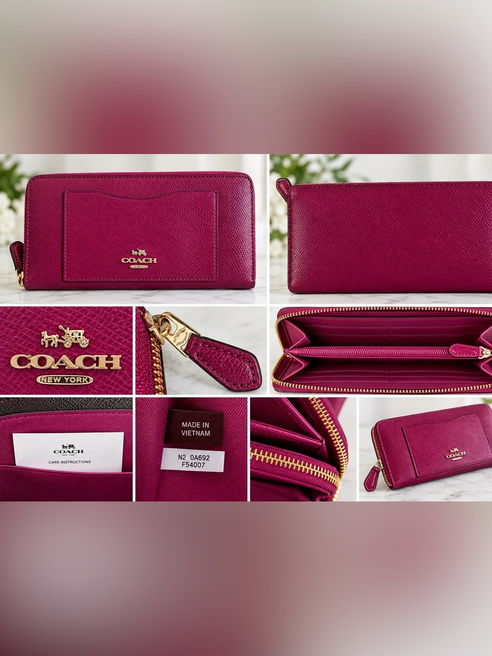 Coach F54007 Berry Pink Crossgrain Leather Zip Around Continental Wallet Gold